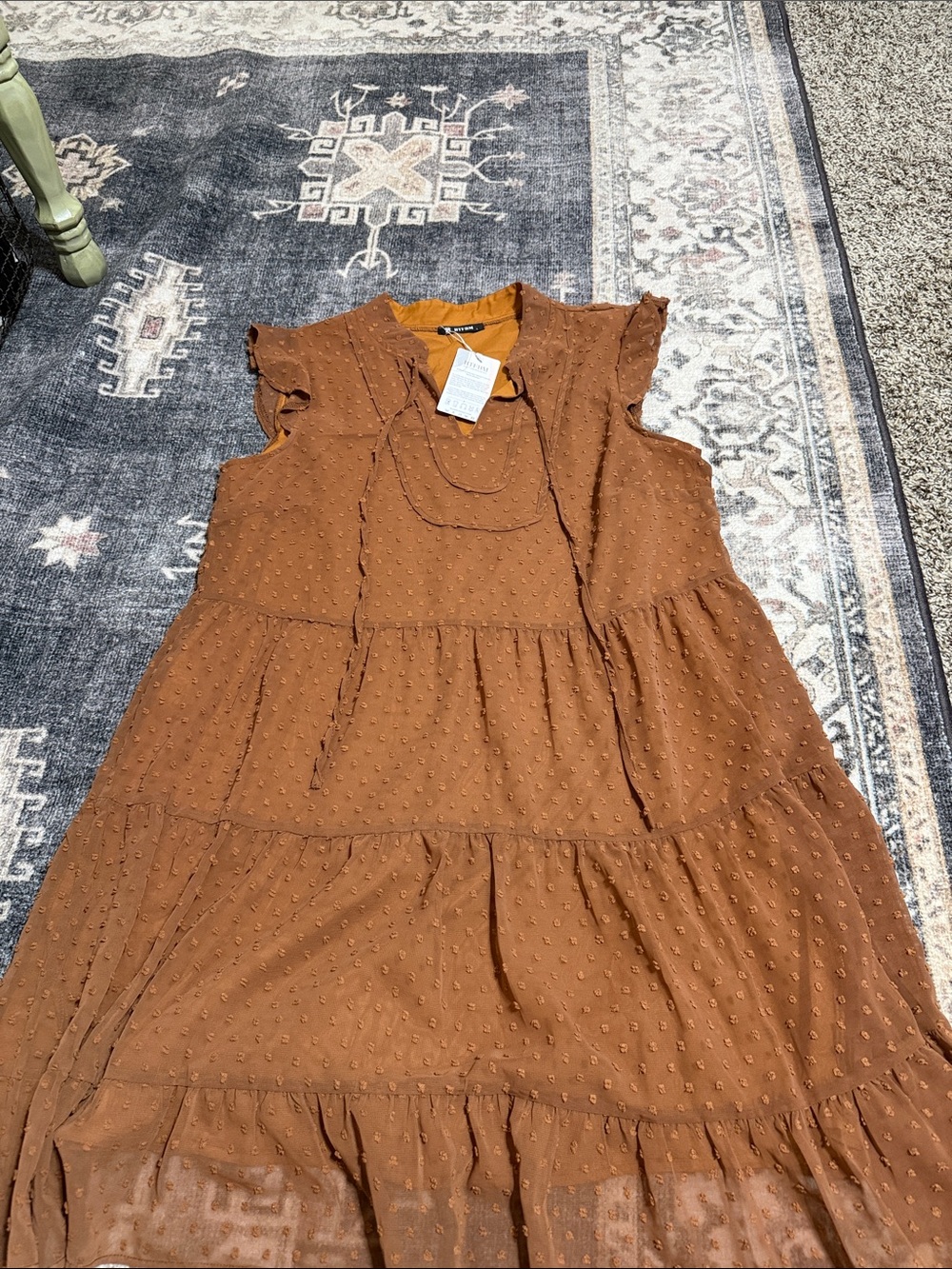 Tiered Midi Dress with Swiss Dot Texture in Rust
